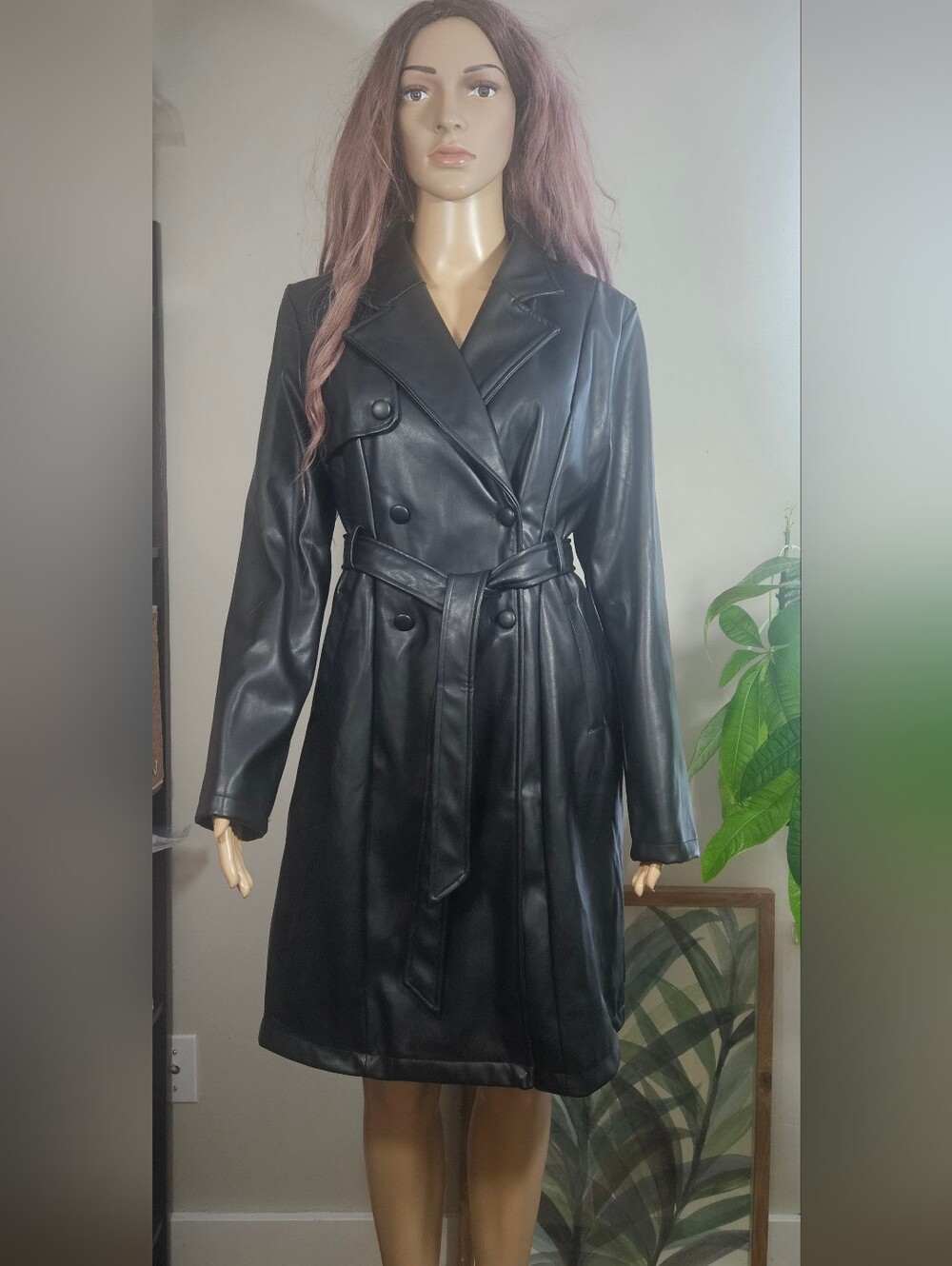 Love Tree Black Faux Leather Double-Breasted Trench Coat Long